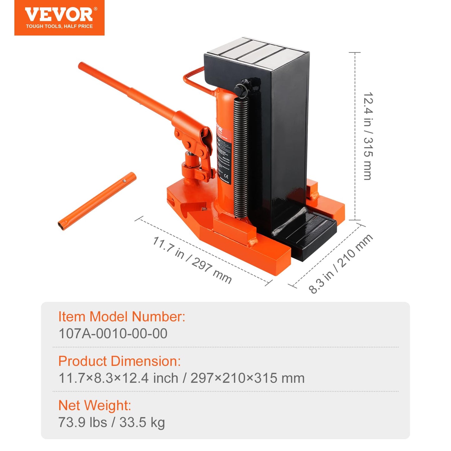 VEVOR Hydraulischer Wagenheber – 10t/20t Tragkraft an Spitze, 30-190 mm Zehenhöhe, 32-48 cm Hubhöhe, luftbetrieben, für Maschinen & Industrie