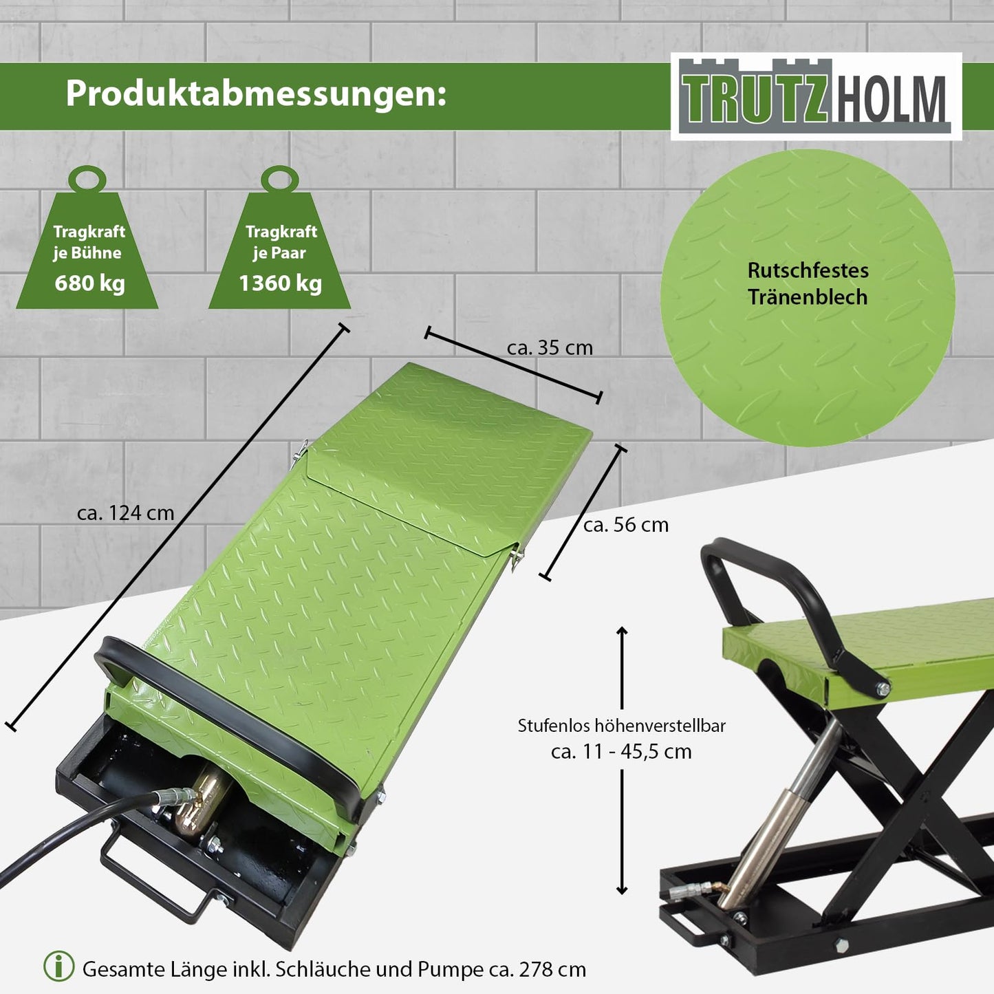 TRUTZHOLM hydraulische Auffahrrampe – höhenverstellbar, 1360 kg Tragkraft, 34 cm breite Hebeplattform, doppelte Hebebühne, schwarz/grün