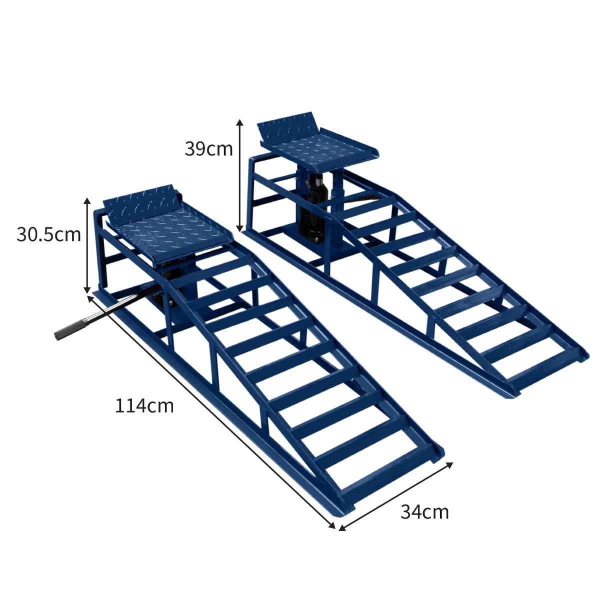 2X hydraulische Auffahrrampen Set 3T (3000kg) – höhenverstellbar 270-390mm, 34x26cm Plattform, max. Reifenbreite 245mm, blauer Stahl