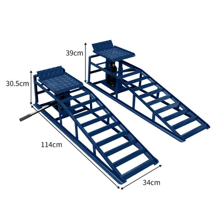 2X hydraulische Auffahrrampen Set 3T (3000kg) – höhenverstellbar 270-390mm, 34x26cm Plattform, max. Reifenbreite 245mm, blauer Stahl