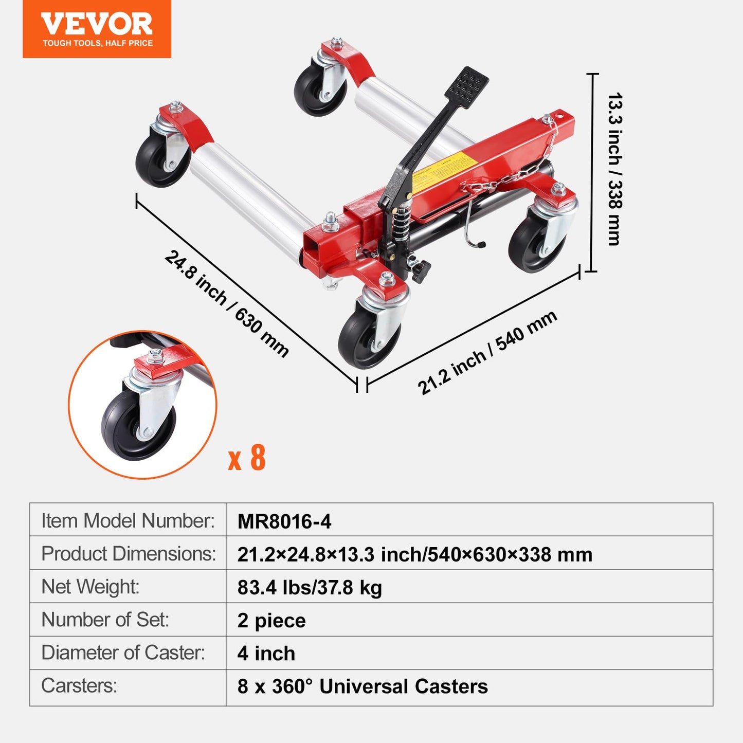 VEVOR Radwagen 2 Stk., 680 kg Belastung pro Wagen, 360° drehbare Räder, Schwerlast-Hydraulikwagenheber für Autos, SUVs, Pick-ups