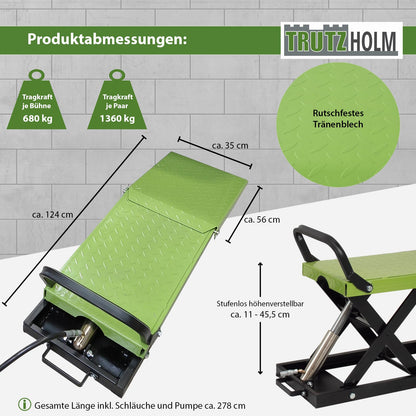TRUTZHOLM hydraulische Auffahrrampe – höhenverstellbar, 1360 kg Tragkraft, 34 cm breite Hebeplattform, doppelte Hebebühne, schwarz/grün