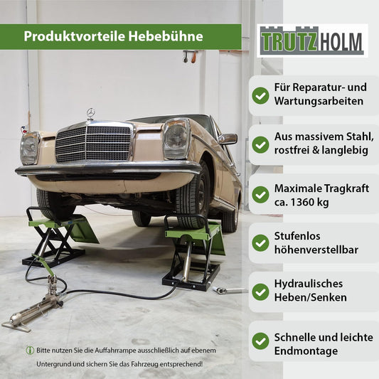TRUTZHOLM hydraulische Auffahrrampe – höhenverstellbar, 1360 kg Tragkraft, 34 cm breite Hebeplattform, doppelte Hebebühne, schwarz/grün